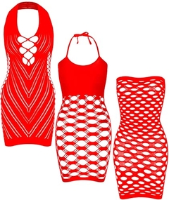 Kit 3 Vestidos Arrastão Femininos de Babydoll Vazado Vermelho