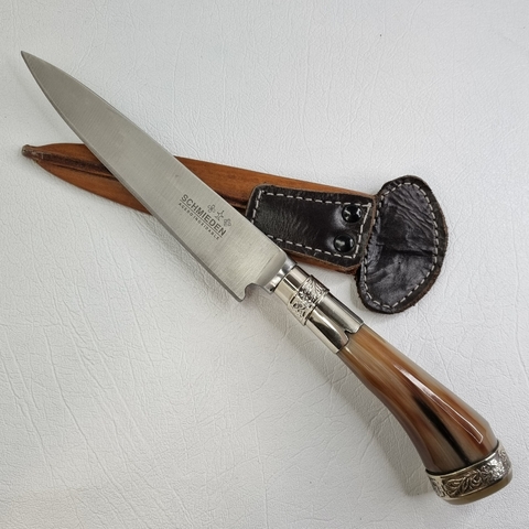 CUCHILLO DE ACERO, ASTA Y ALPACA LABRADA HOJA DE 16CM cod: 6102A