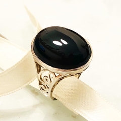 Anillo plata calado y Onix negro oval Cabujón 1217