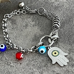 PULSERA ACERO Y OJITOS TURCOS CON MANO DE FATIMA K1601