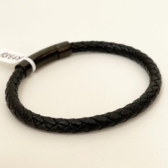 PULSERA CUERO TRENZADA NEGRO SIMPLE CIERRE ACERO K1388