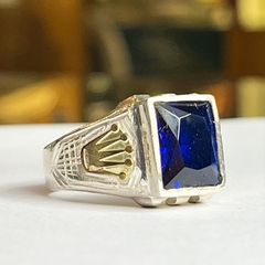 ANILLO SELLO PLATA Y ORO CON ZAFIRO AZUL RECONSTITUIDO K1053