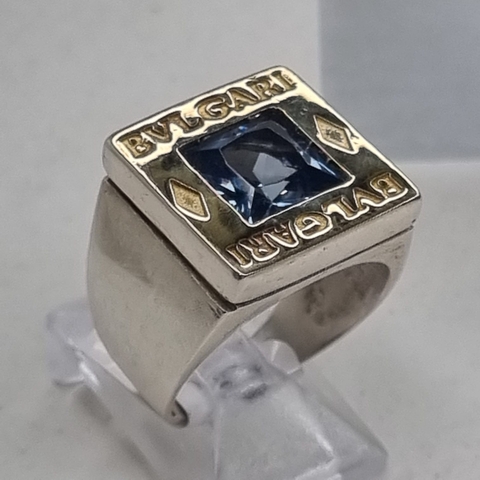 ANILLO PLATA Y ORO ESTILO BVG CON AGUAMARINA CUADRADA 5002K