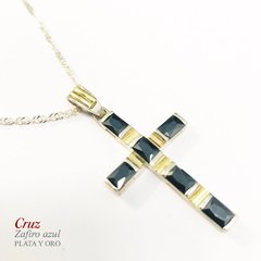 Cruz plata oro y zafiros azules baguettes 6091 - comprar online