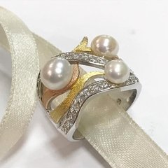 Anillo plata con oro 2 colores y perlas naturales J773