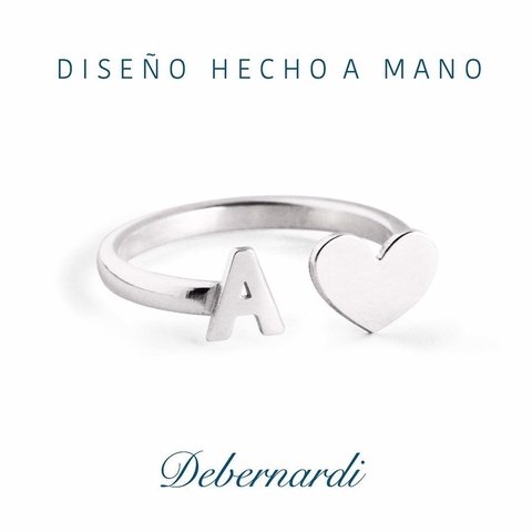 ANILLO CORAZÓN Y LETRA HECHO A MANO PLATA