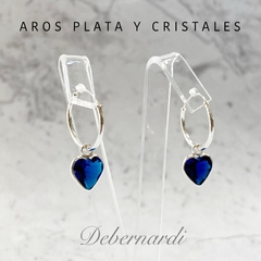 PAR DE AROS PLATA Y CORAZONES CRISTALES AZUL