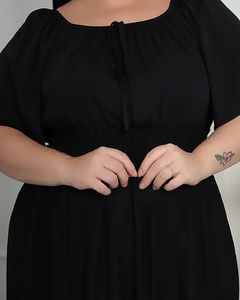 Vestido Midi cintura Lastex Preto PLUS SIZE - Loja Tá na Click