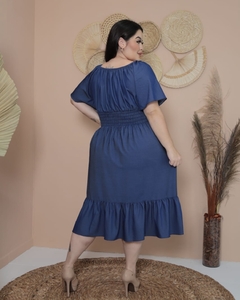 Vestido Midi cintura Lastex Azul Jeans PLUS SIZE - loja online