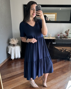 Vestido Midi 2 Marias Gola V Azul Marinho na internet