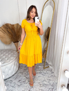 Vestido Midi cintura Lastex manga curta Amarelo