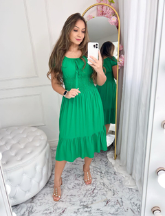 Vestido Midi cintura Lastex manga curta Verde bandeira - comprar online