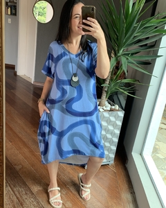 Vestido Manga curta Mullet com bolsos Azul estampado