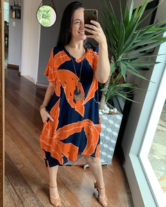 Vestido Manga curta Mullet com bolsos Azul e Laranja estampado - comprar online