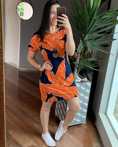 Vestido Curto Básico Azul e Laranja estampado