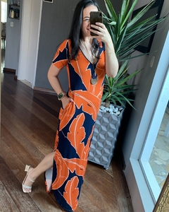 Vestido Malha Longo Básico estampado Azul e Laranja na internet