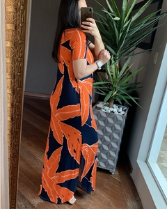 Vestido Malha Longo Básico estampado Azul e Laranja - Loja Tá na Click