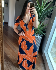 Vestido Malha Longo Básico estampado Azul e Laranja - comprar online