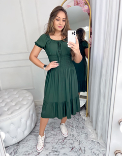 Vestido Midi cintura Lastex manga curta Verde Militar - comprar online