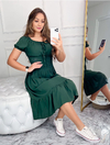 Vestido Midi cintura Lastex manga curta Verde Militar