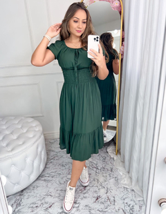 Vestido Midi cintura Lastex manga curta Verde Militar na internet