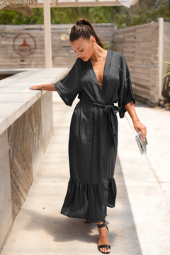 Vestido estilo Kimono KIMONODRESS Vestido Cruzado de Seda Sedita para Fiesta Liso Color Negro