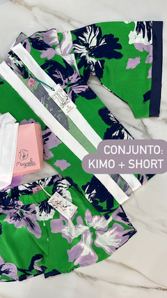 Conjunto Bata Kimono y short de de fibrana ideal para estar en casa o pileta verde - comprar online