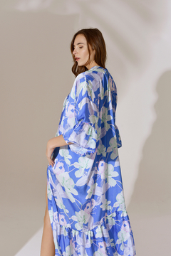 Imagen de Vestido estilo Kimono KIMONODRESS Vestido Cruzado de Seda Sedita para Fiesta Estampado Azul Electrico