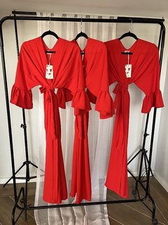 Kimono liviano de lino con mangas con volados ideal para salir de dia Rojo