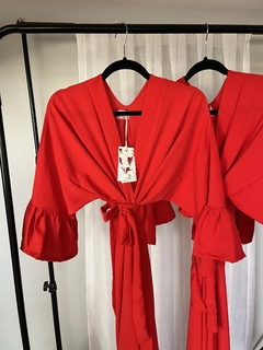 Kimono liviano de lino con mangas con volados ideal para salir de dia Rojo - tienda online