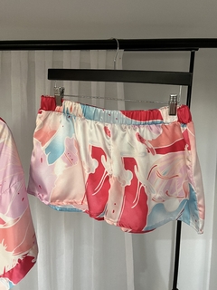 Set de 3 Piezas: Conjunto Kimono (Bata) Musculosa Y Short de Seda Estampado Rosa - comprar online