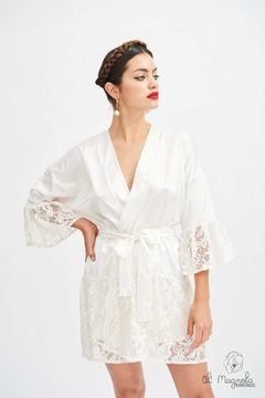 Bata Kimono De Satén Con Encaje BLANCO Novia Boda Casamiento