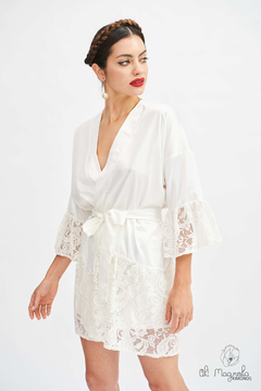 Bata Kimono De Satén Con Encaje BLANCO Novia Boda Casamiento - tienda online