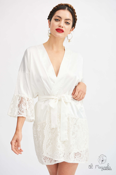 Bata Kimono De Satén Con Encaje BLANCO Novia Boda Casamiento - comprar online