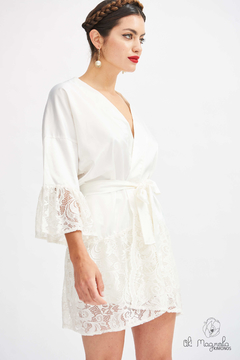 Bata Kimono De Satén Con Encaje BLANCO Novia Boda Casamiento - comprar online