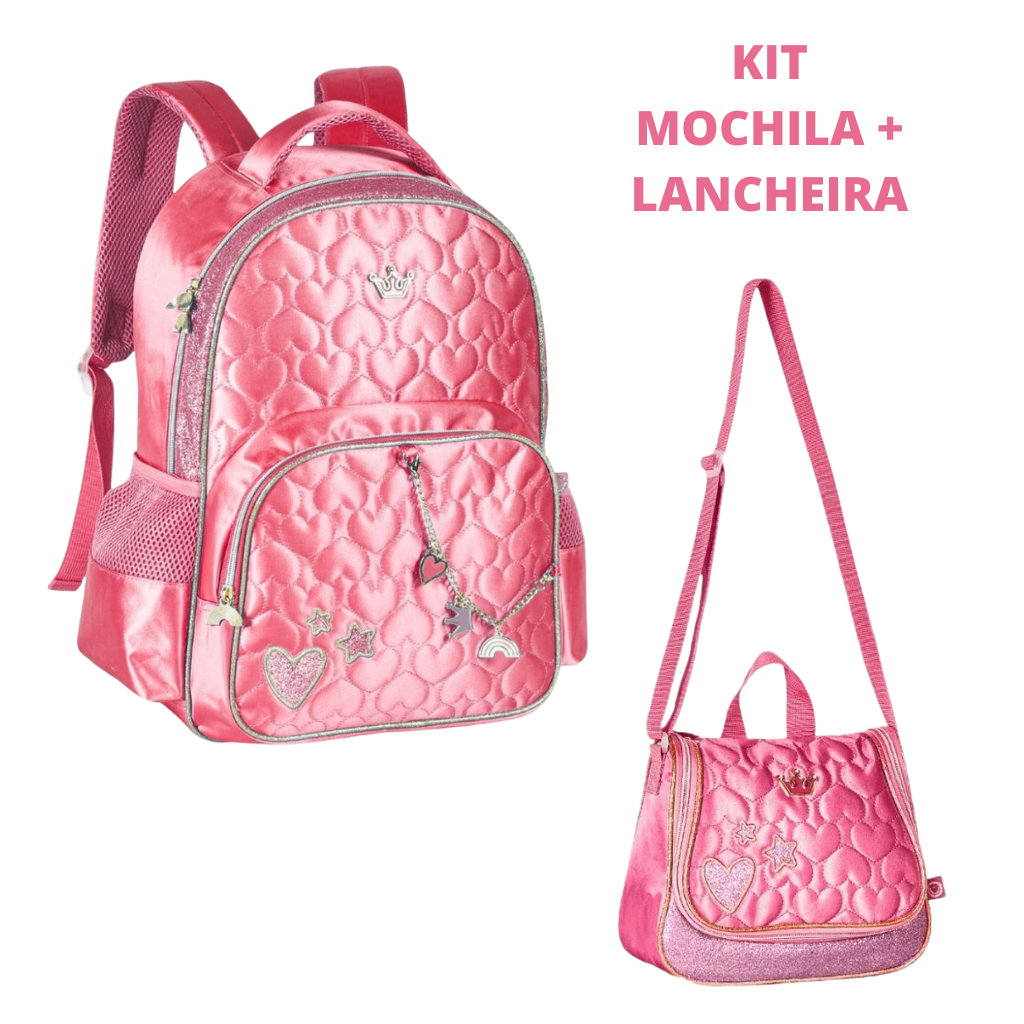 Kit Mochila"16" Escolar + Lancheira Cetim Rosa Clio