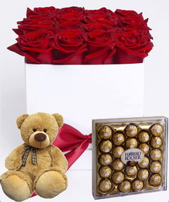 flower box caja de rosas rojas con osito de peluche y bombones