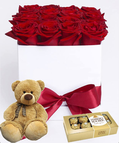 flower box caja de rosas rojas con osito de peluche y bombones