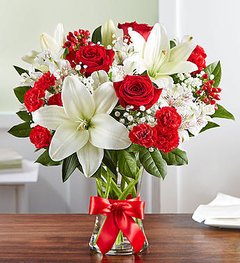 arreglo floral rosas rojas lilium lirios blancos florero jarrón