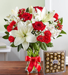 Radiantes liliums blancos con rosas rojas (CON FLORERO DE REGALO) + BOMBONES - comprar online