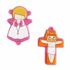 APLIQUES RELIGIOSOS PARA TERÇO - CRUCIFIXO E ANJINHO - FUNDO PINK - CABELO LOIRO (1 de cada) - comprar online