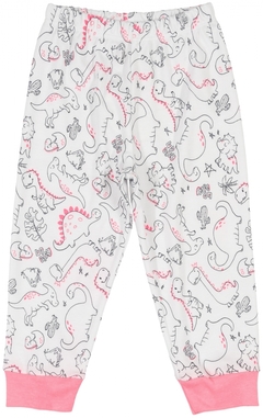 Pijama Longo Dino Branco com Rosa - Up Baby - Pequeno Mundo Imports - CNPJ: 27.082.934/0001-76