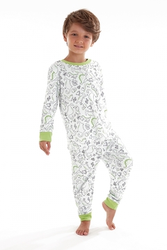 Pijama Longo Dino Branco com Verde - Up Baby