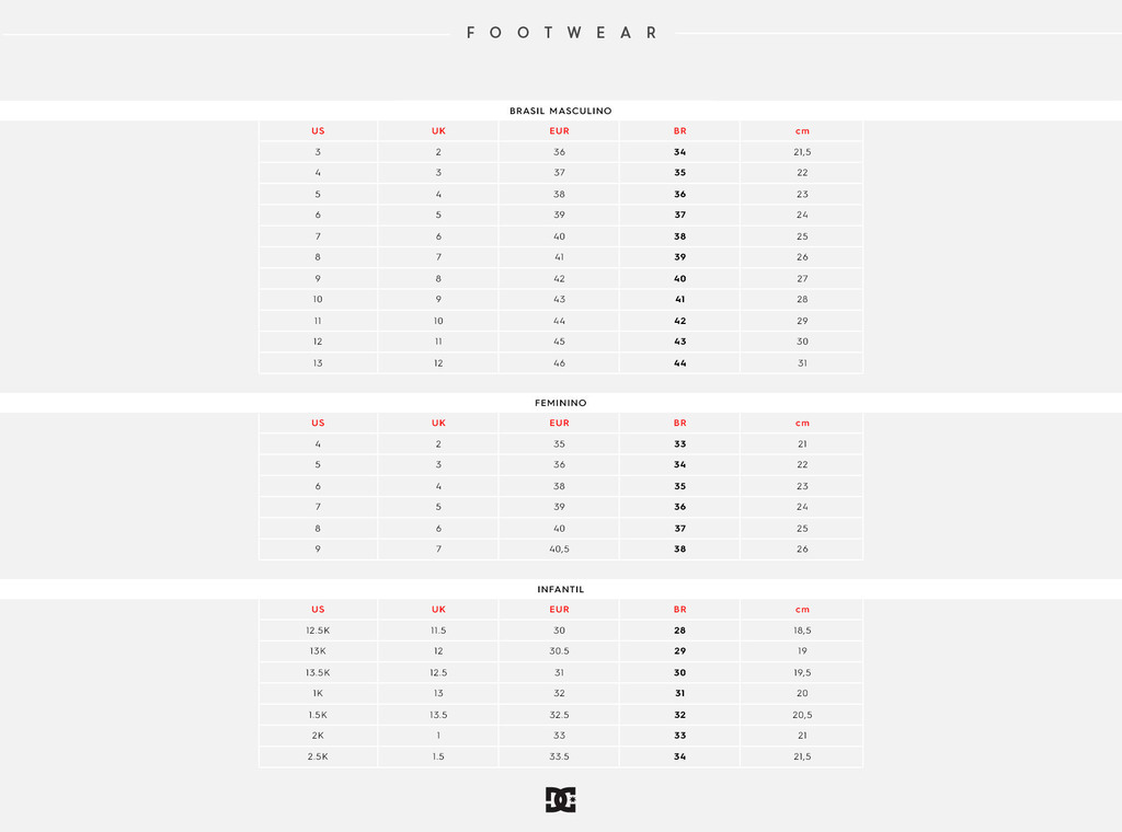 Tabela de medidas hotsell tenis dc shoes