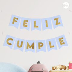 Banderines Feliz Cumple Celeste y Dorado IMPRIMIBLES