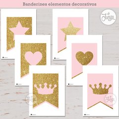 Kit Imprimible Banderines Dorado Y Rosa Alfabeto Y Números - comprar online