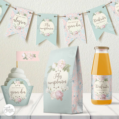 Kit Imprimible Flores Deco cumpleaños Shabby Pasteles - De Juerga Eventos