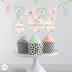 Kit Imprimible Flores Deco cumpleaños Shabby Pasteles - comprar online