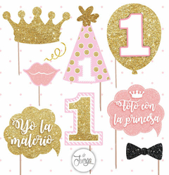 Photo Booth Cumple 1 Año Rosa y Dorado Glitter Imprimible. Props Imprimibles