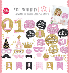 Photo Booth Cumple 1 Año Rosa y Dorado Glitter Imprimible. Props Imprimibles - comprar online